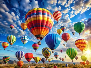 Obraz premium Vibrant Hot Air Balloons Floating Against a Clear Blue Sky: Captivating Colorful Scene for Travel and Adventure Photography