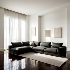 Fototapeta premium Elegant and airy modern living room interior with a sleek, low-profile, charcoal grey sectional sofa placed against a crisp white wall