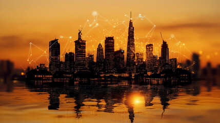 Fototapeta premium Futuristic illuminated cityscape symbolizing innovation, technology and urban growth, on a blurred background with glowing lights.