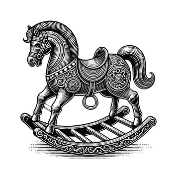 recommend clip art: rocking horse toy engraving black and white outline
