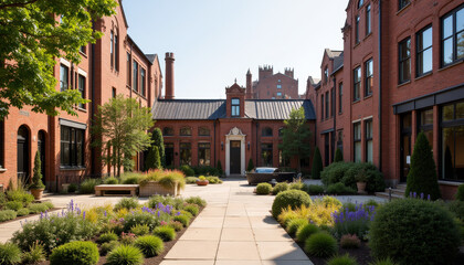 Fototapeta premium Renovated old factory courtyard with vibrant greenery and blue flowers under bright sunlight