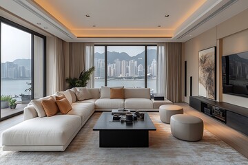 Modern interior design of a space with design modular sofa and arm chairs, furniture, wooden wall, coffee table, pillows, plants and elegant personal accessories in stylish home decor living room.