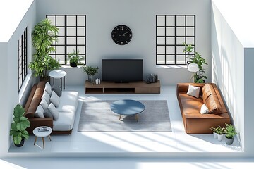 Isometric view living room muji style open inside interior architecture 3d rendering digital art