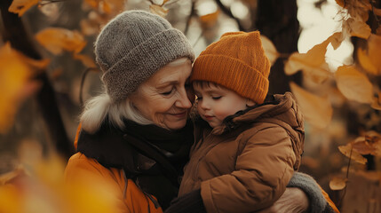 Babcia i wnuk siedzą na ławce w parku w jesiennym krajobrazie. Jej delikatny uśmiech i czuły gest w kierunku chłopca oddają troskliwość i głęboką rodzinną więź, która ich łączy.