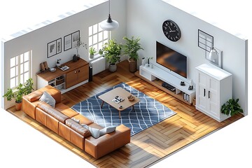 Isometric view living room muji style open inside interior architecture 3d rendering digital art