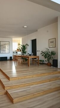 Modern open plan living room with split level flooring and wooden furniture
