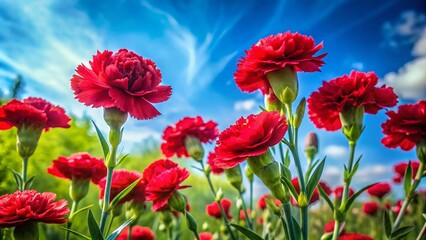 Fototapeta premium Vibrant Red Carnation Blooms Surrounded by Lush Greenery in a Picturesque Landscape Setting, Capturing the Essence of Nature's Beauty and Colorful Floral Life