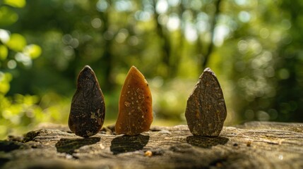 Close-up of ancient stone tools, sharp flint knives, and polished axes on a weathered wooden surface, symbolizing prehistoric craftsmanship and the dawn of human ingenuity