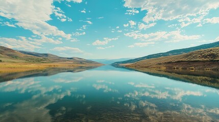 Fototapeta premium A pristine mountain lake with calm, clear water reflecting the sky and surrounding landscape