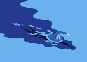 Freestyle swimming, breaking through the waves in the water. illustration