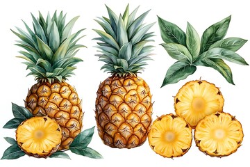 watercolor hand drawn illustration of pineapple with half and slices ripe pineapple, sketch of tropical fruit, food illustration isolated on watercolor background