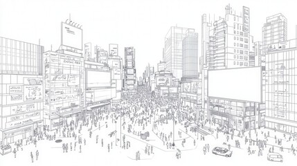 Obraz premium Urban Landscape Illustration of Busy City Street Scene with Crowds