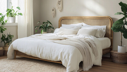 Cozy bedroom with natural decor and plants in sunlight