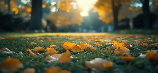 Golden autumn leaves scattered on green grass in a park, sunlight shining through trees.