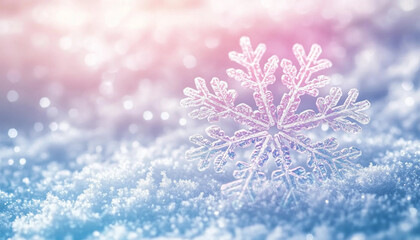 Beautiful snowflake resting on soft snow at winter