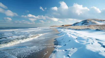 Fototapeta premium A serene beach scene featuring snow-covered sand, gentle waves, and a bright blue sky with fluffy clouds.