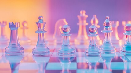 A minimalist chessboard with glass pieces, the light reflecting off their surfaces in a soft glow