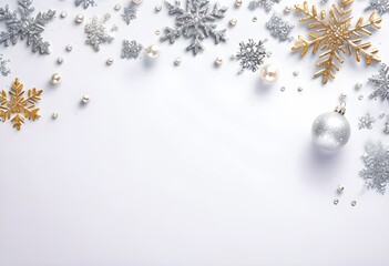 Fototapeta premium Glamorous Winter Design: Metallic Snowflakes and Pearl Ornament on Snowy White Background