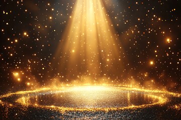 Stage lights, gold spotlight beams with smoke and sparkles on black background, glowing elements for studio or theater scene, lamp rays for concert, show presentation