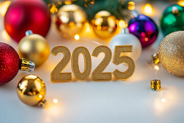 Happy New Year 2025, New Year's Eve Party background greeting card, sparklers and bokeh lights on dark night sky
