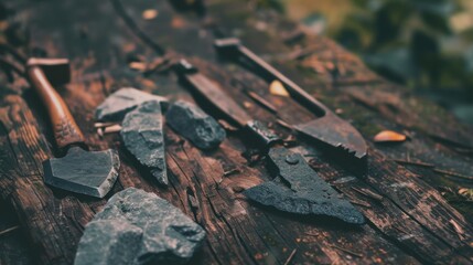 Close-up of ancient stone tools, sharp flint knives, and polished axes on a weathered wooden surface, symbolizing prehistoric craftsmanship and the dawn of human ingenuity..