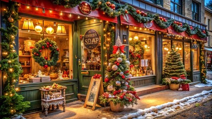 Vintage Christmas Sale Display with Festive Decorations, Old-fashioned Ornaments, and Warm Lighting Capturing the Essence of Holiday Shopping in a Nostalgic Atmosphere
