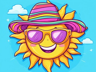 Fototapeta premium Cartoon illustration of the sun wearing a stylish wide-brimmed hat and trendy sunglasses