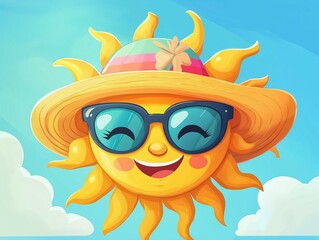 Cartoon illustration of the sun wearing a stylish wide-brimmed hat and trendy sunglasses