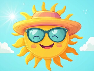 Cartoon illustration of the sun wearing a stylish wide-brimmed hat and trendy sunglasses