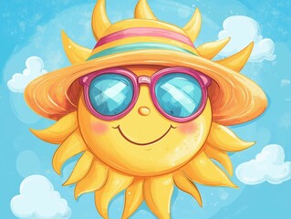 Cartoon illustration of the sun wearing a stylish wide-brimmed hat and trendy sunglasses