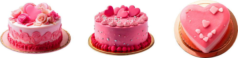 Delightful Collection of Romantic Cakes Featuring Pink Hues and Heart Shapes for Celebrations, Birthdays, or Special Occasions with Floral Decor