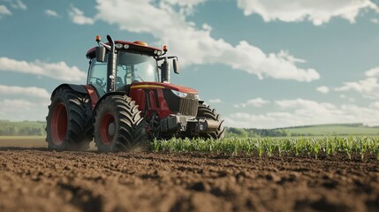 Massive industrial seed drill attached to a powerful tractor, planting field crops, 