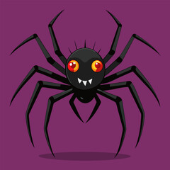 A cartoon spider with red eyes on a purple background