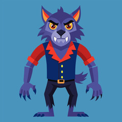 A cartoon werewolf character with red and blue vest