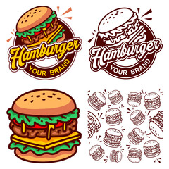 hamburger, burger,  logo, Noddle plate, hot, bar, fire, lettering, splash, logotype design. Hand drawn vector illustration, fast food