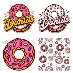 donuts, donut, sweet,  logo, Noddle plate, hot, bar, fire,  fast food, lettering, splash, logotype design. Hand drawn vector illustration