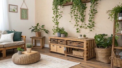  A cozy living room with a focus on natural materials and greenery.