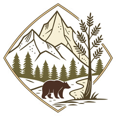 bear in the forest, a bear is standing in the grass in front of a mountain.