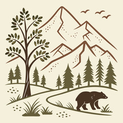 Naklejka premium Adobe Illustrator Artwork, a bear is standing in the grass in front of a mountain.