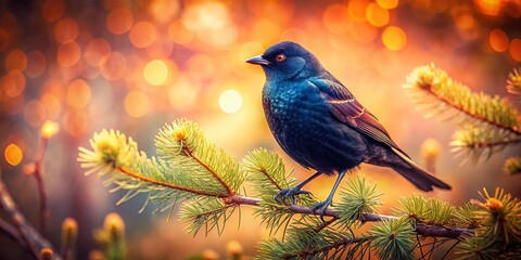 Fototapeta premium Vintage Style Photography of a Black Bird Perched Gracefully on a Pine Tree Branch Capturing Nature's Serenity and Timeless Beauty in a Soft, Dreamy Aesthetic