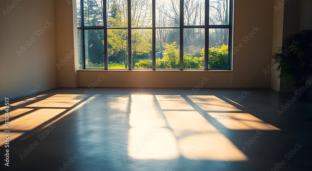 Canvas Prints sunlight casting geometric shadows in a minimalist indoor space with concrete flooring and a large w
