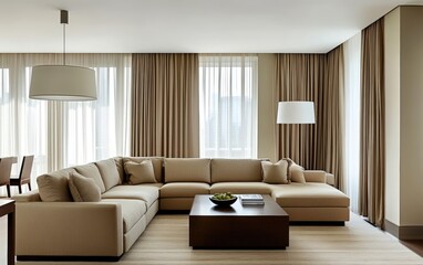 A contemporary room with a modular sectional in muted earth tones, complemented by light-colored curtains and a modern pendant lamp, creating a relaxing ambiance