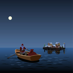 Santa Claus rowing on the sea in the Scandinavian archipelago. Winter night view of a Christmas landscape. Vector illustration.