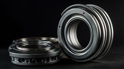 Ball bearings and tapered roller bearings isolated on black background. Car bearings, auto parts