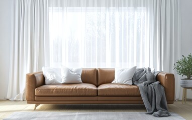 Fototapeta premium A cozy yet elegant interior with a modern light brown leather couch, white curtains, and soft throws for a warm and stylish setting