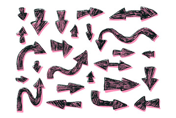 Arrow set crayon drawing. Direction pointers for game. Black navigation with pink shadow. Path marks isolated on white background. Vector hand drawn illustration