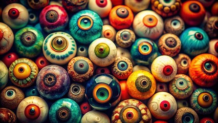 Fototapeta premium Vintage Style Photography of a Colorful Set of Eye Balls, Perfect for Artistic Projects and Graphic Design, Showcasing a Variety of Shapes and Shades in a Whimsical Presentation