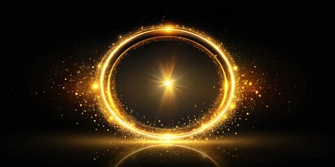 Vintage Style Photography of a Gold Glowing Light Ring Effect on a Black Background with Ample Space for Custom Text, Ideal for Elegant Designs and Eye-Catching Displays