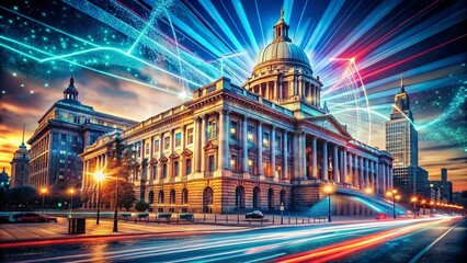 Fototapeta premium Vintage Style Photography of a Government Building Surrounded by Glowing Data Streams, Symbolizing the Intersection of Modern Technology, Cybersecurity, and Governance