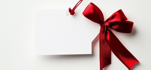 Blank white gift tag with a red ribbon bow.